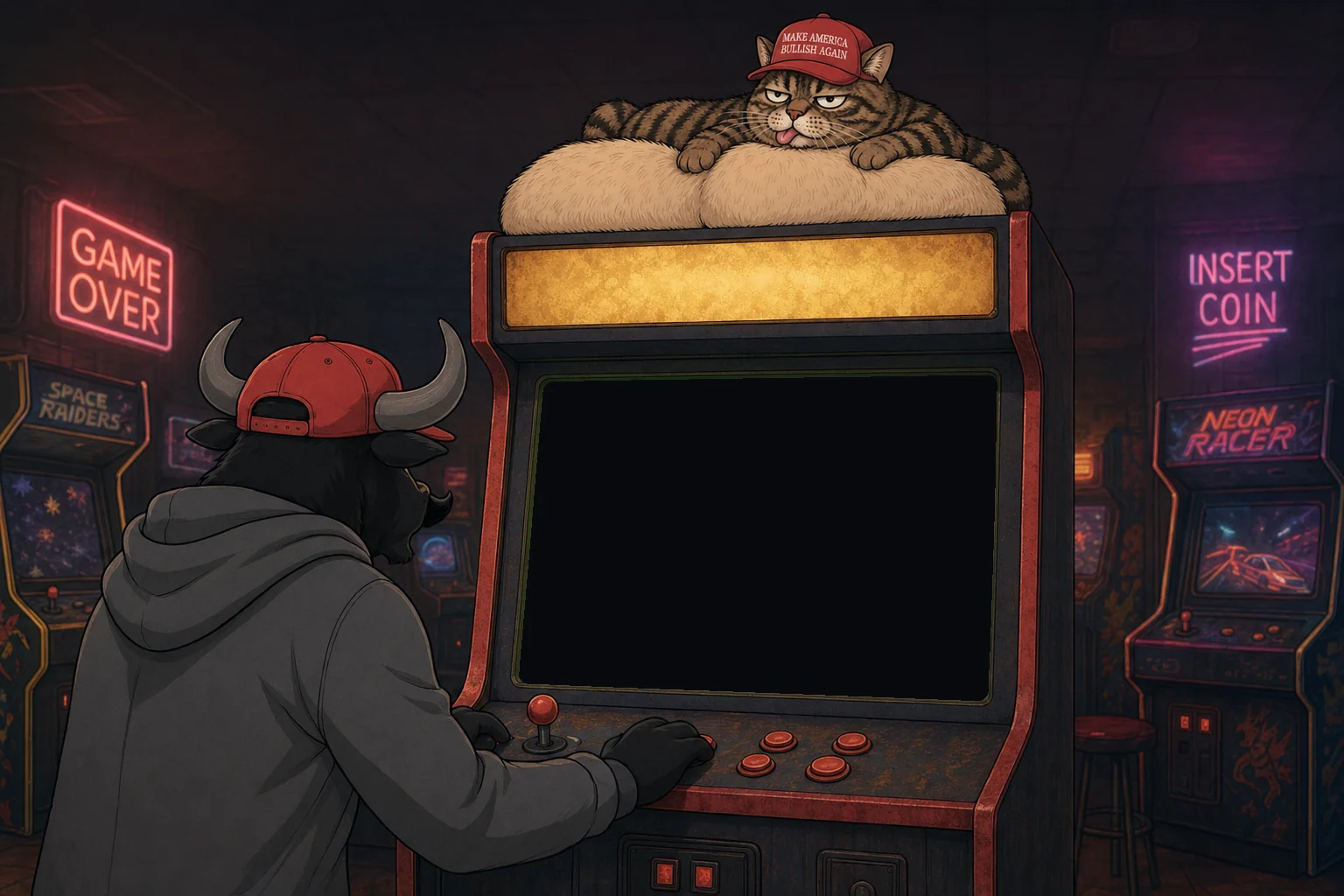 The bull, seen from behind, playing an arcade cabinet while the cat and his enormous balls sit on top of it