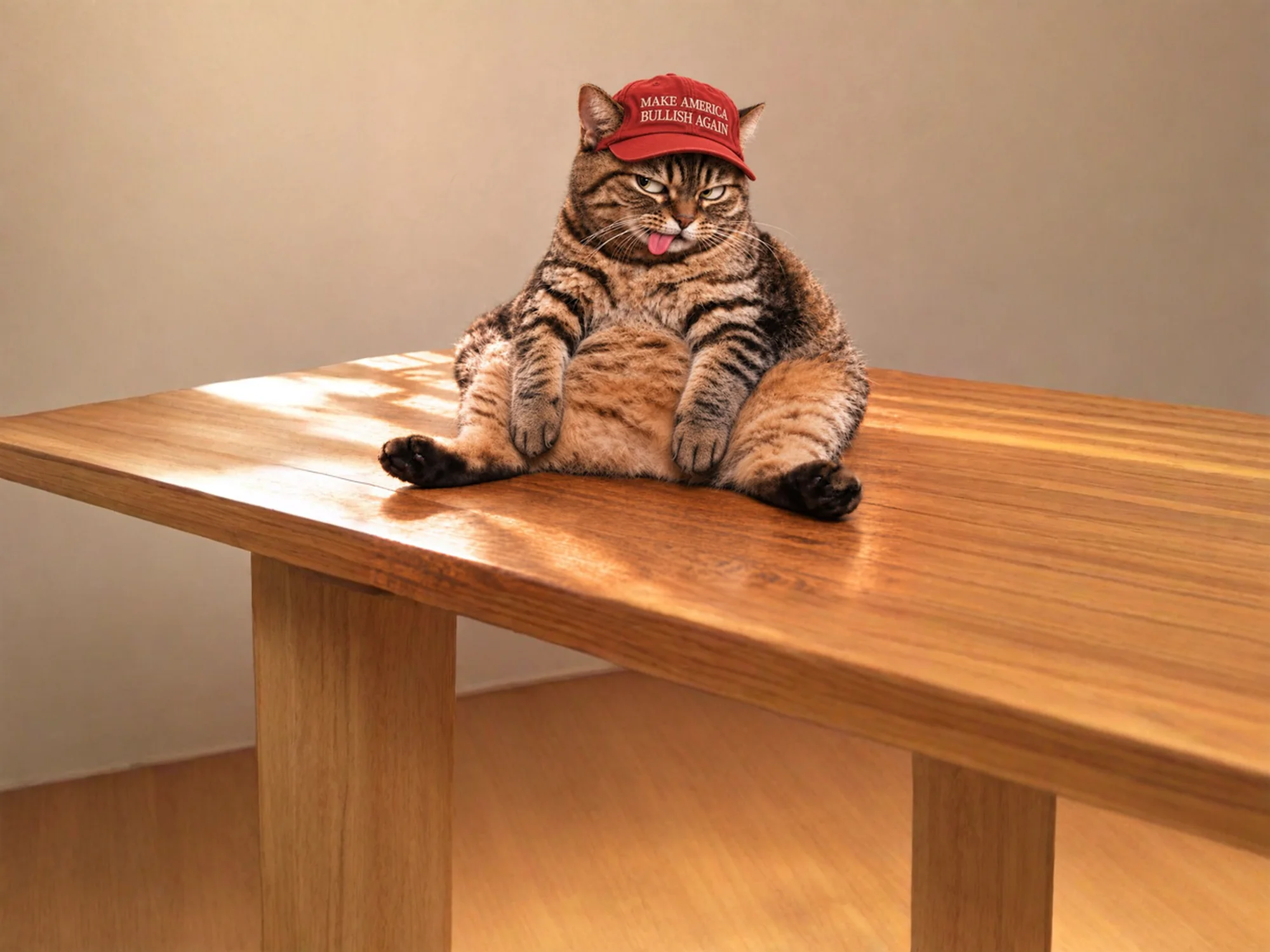A chunky tabby cat in a red MAKE AMERICA BULLISH AGAIN cap, sitting on a big wooden table.